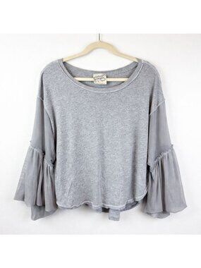 Free People Gray Bell Sleeve Top XS Boho Sheer Sleeve Flowy Oversized Blouse